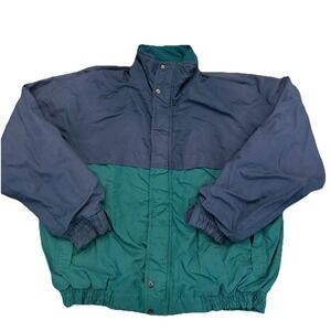 Vintage Windbreaker Jacket Size L Green Navy Blue Fleece Lined 90s Style Retro